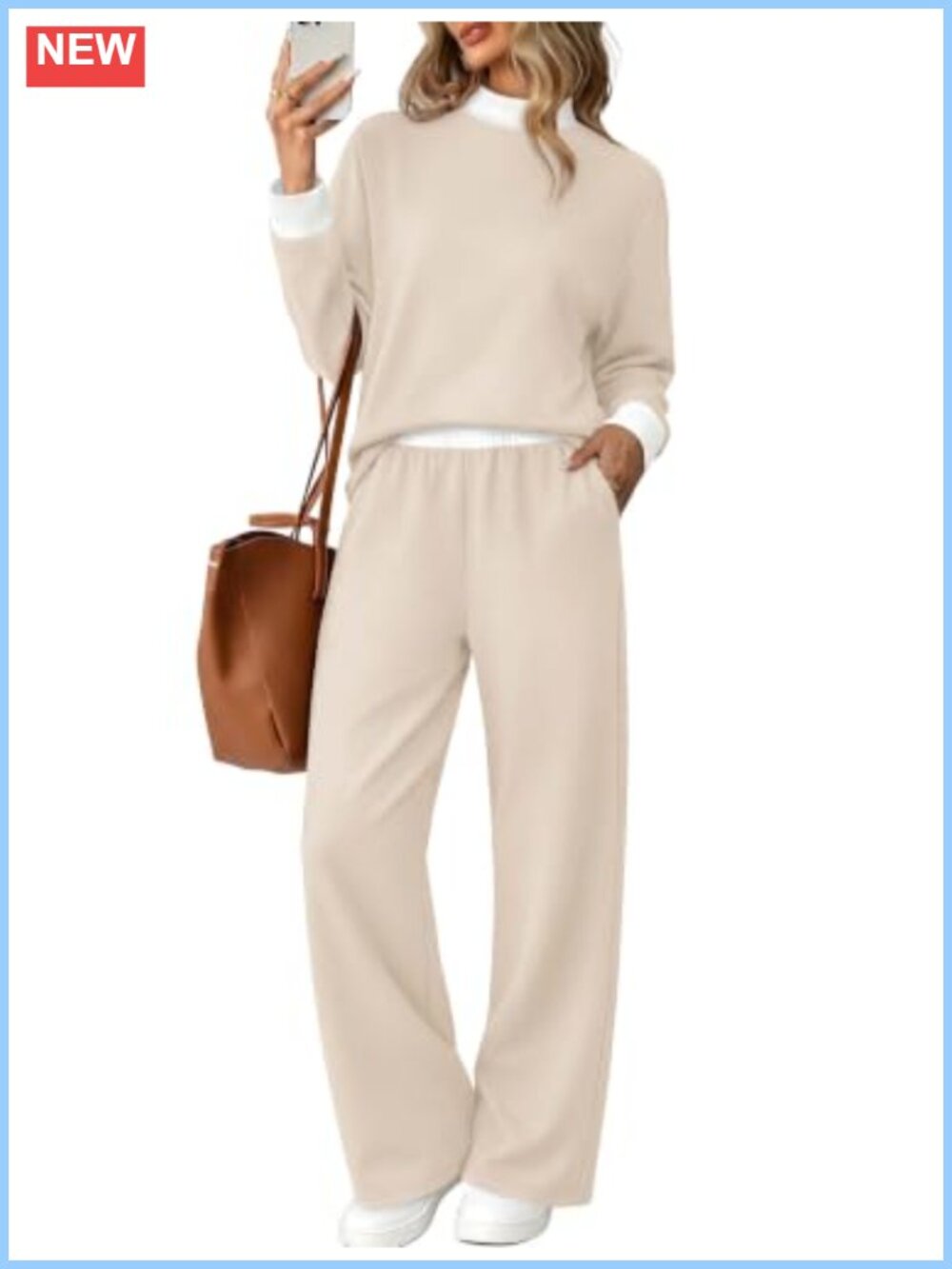 Women's Color Block Two Piece Set Mock Neck Long Sleeve Wide Leg Pants Pockets